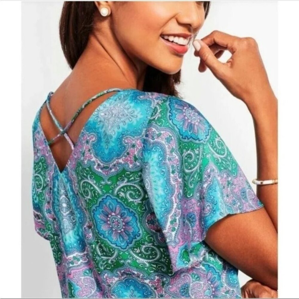 Talbots Medallion Print Flutter Sleeve Crisscross… - image 1